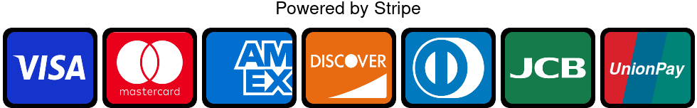 Card payments powered by Stripe. Visa, Mastercard, American Express, Discover, Diners Club, JCB and UnionPay.